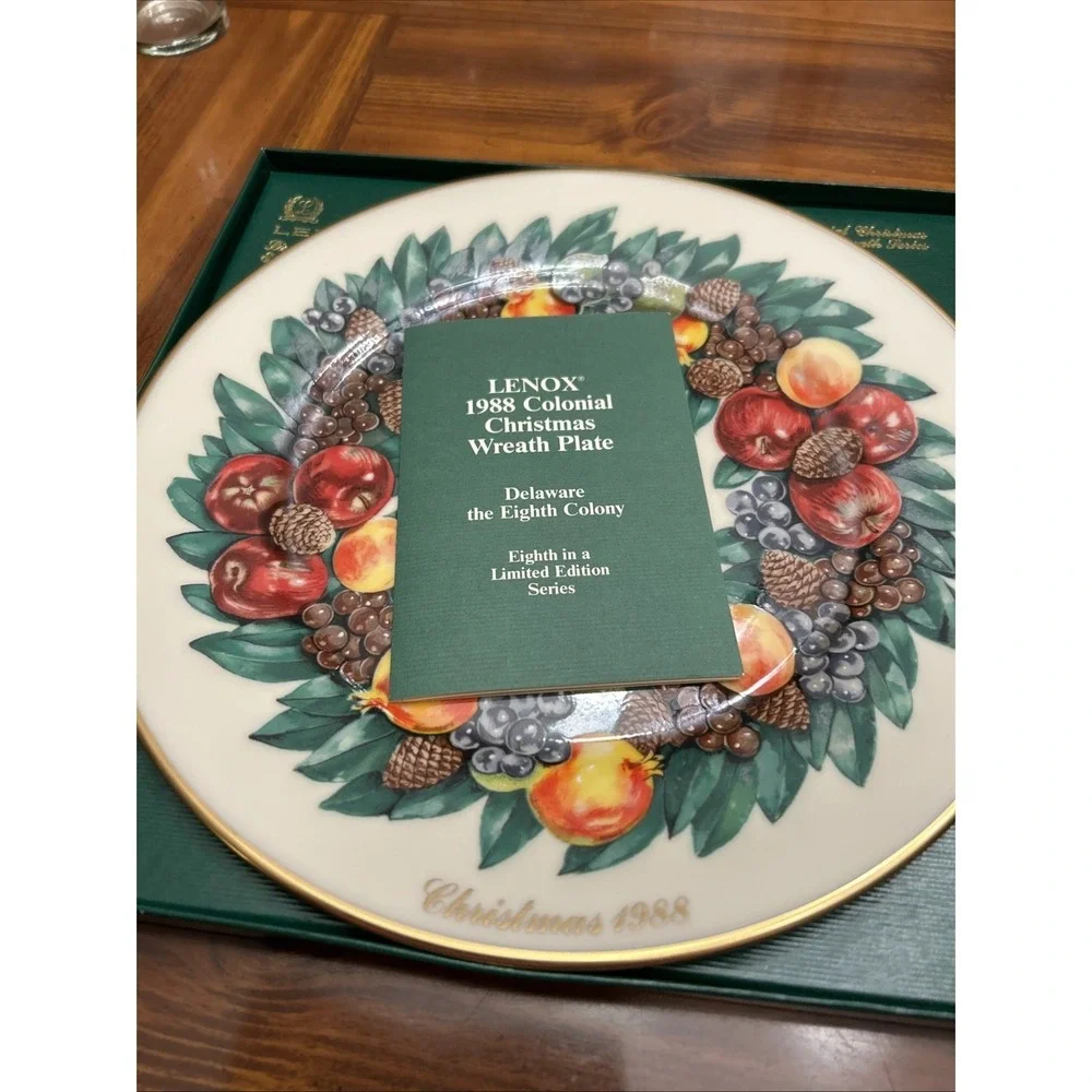lenox colonial christmas wreath plate Delaware Eighth Colony 1988 Fruit Pine NIB